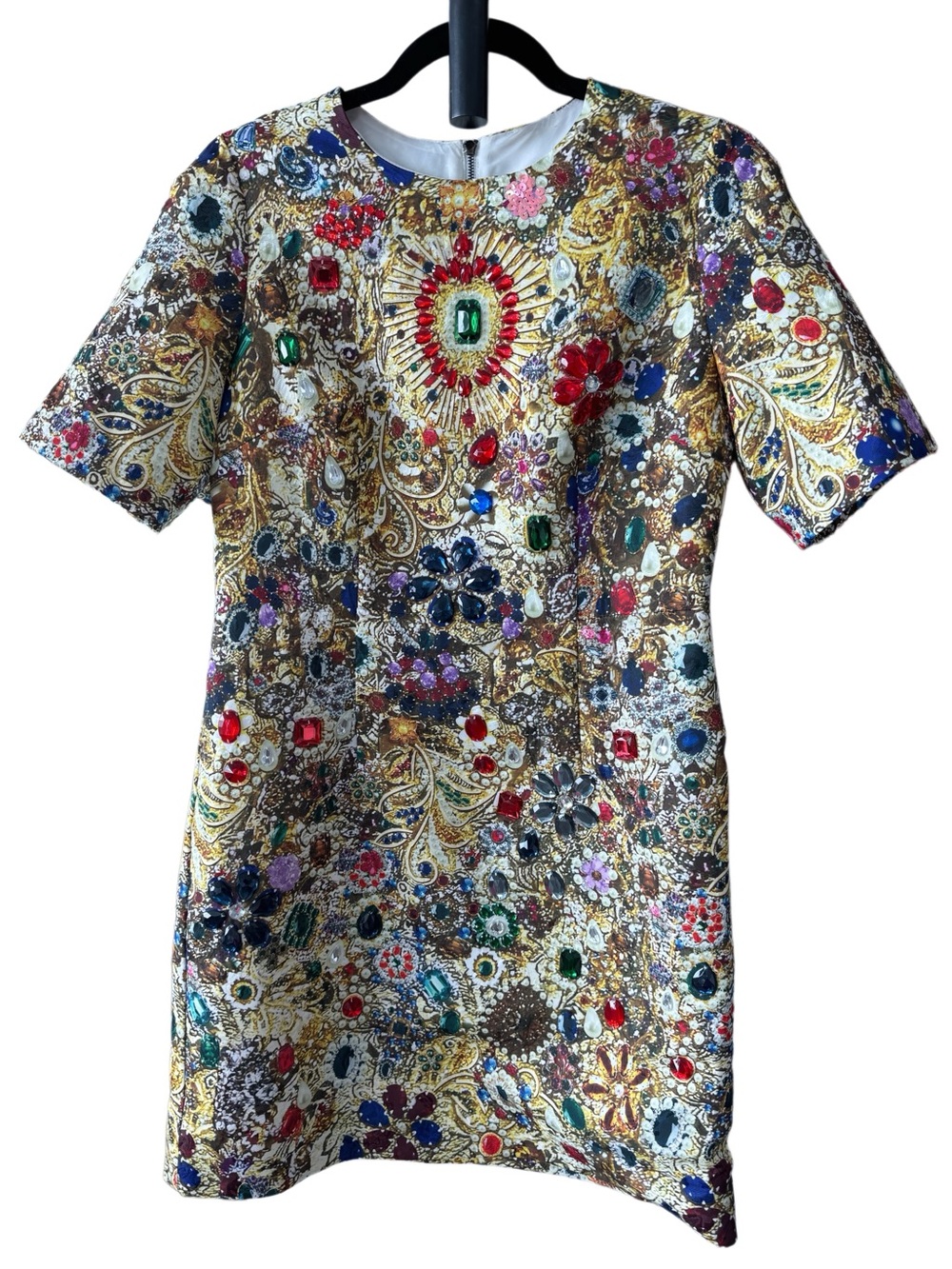 Designer-style Embellished Gold Jewel-Print Short Sleeve Dress